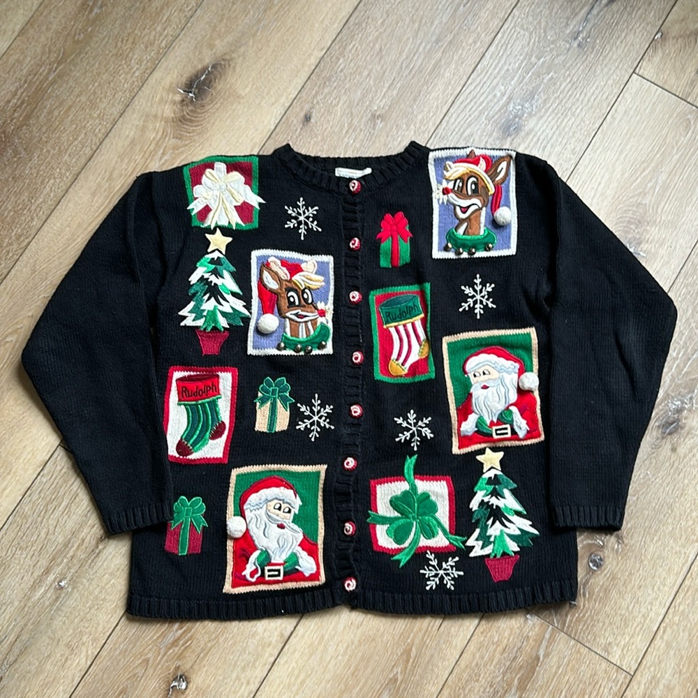 VTG Yarnworks Ugly Christmas Sweater Santa Embroidered Cardigan Size M B…